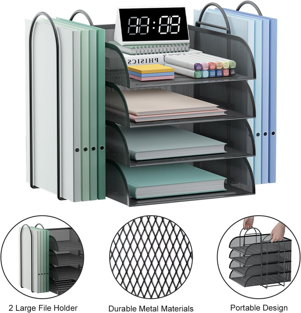 Black 4 Tier Stackable Mesh Desk Organizer with File Holder P176