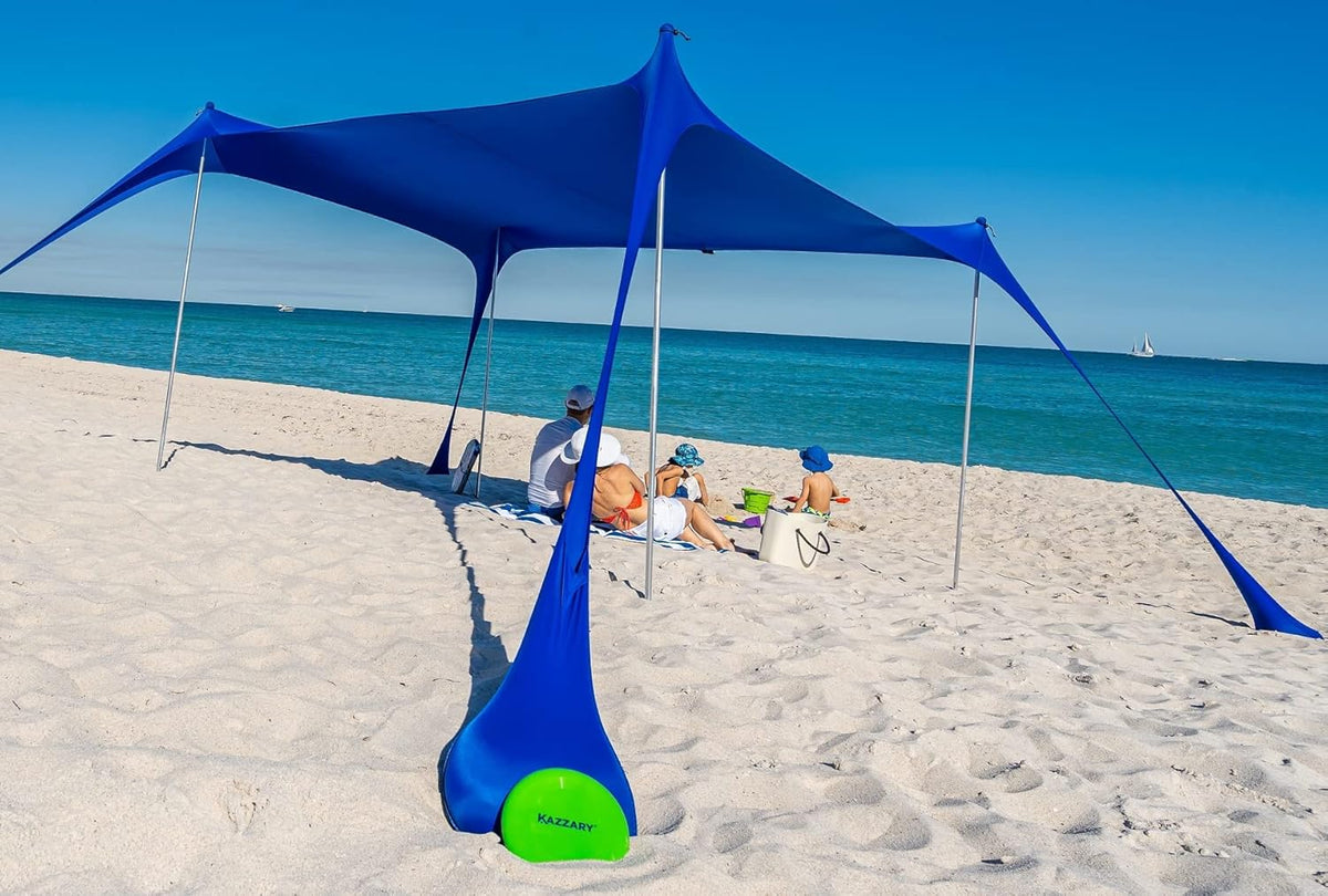 Beach Tent Pop Up Canopy Sun Shelter UPF50+ Lightweight Outdoor Shade with Ground Pegs and Stability Poles Portable Set (10 X 10 FT 4 Pole, Bright Blue) O85093