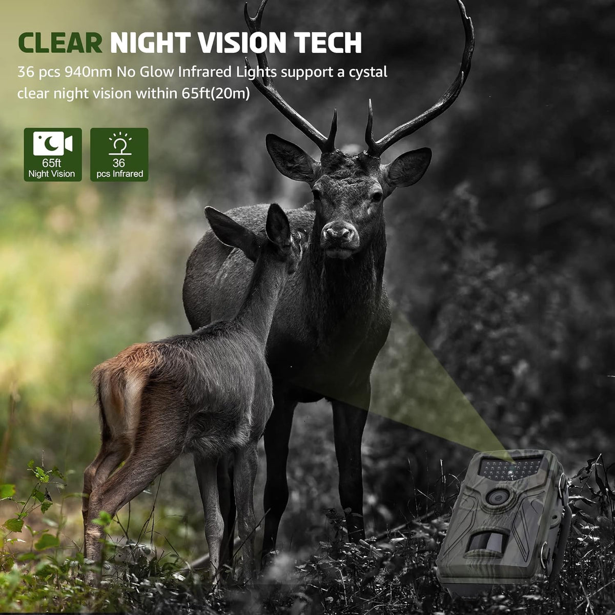 2.7K 36MP Game Camera 0.2S Trigger 65ft Range No Glow Night Vision 120° Angle IP66 Waterproof 32GB Card Pack of 2 P632
