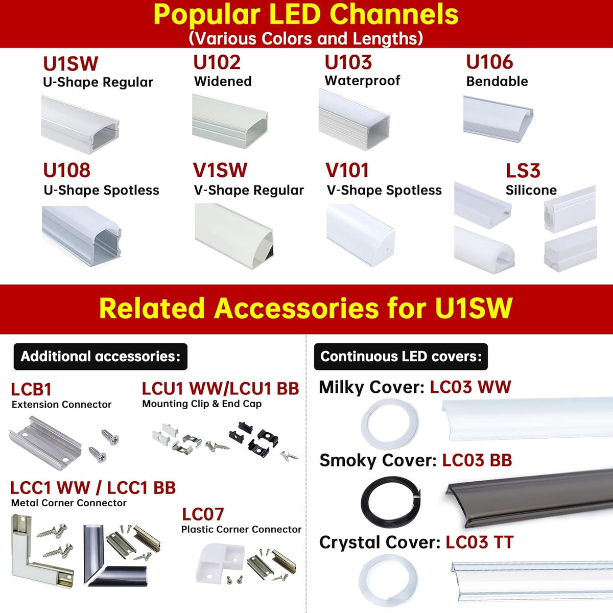 10Pack 3.3FT Black LED Channel System with Clear Cover Lens Aluminum Extrusion Track Housing Profile U Shape S388382