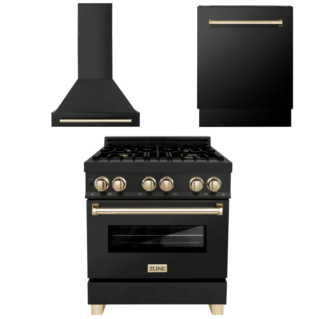 30 In. Dual Fuel Range, Range Hood, and Dishwasher in Black Stainless Steel U38121