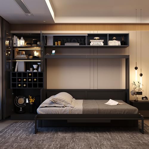 Queen Murphy Bed with Couch and Storage Shelves, Charging Station, LED Light, Wood Foldable Wall Bed Cabinet with Sofa and Storage Cabinet, Bookcase, Wine Rack (White) C139