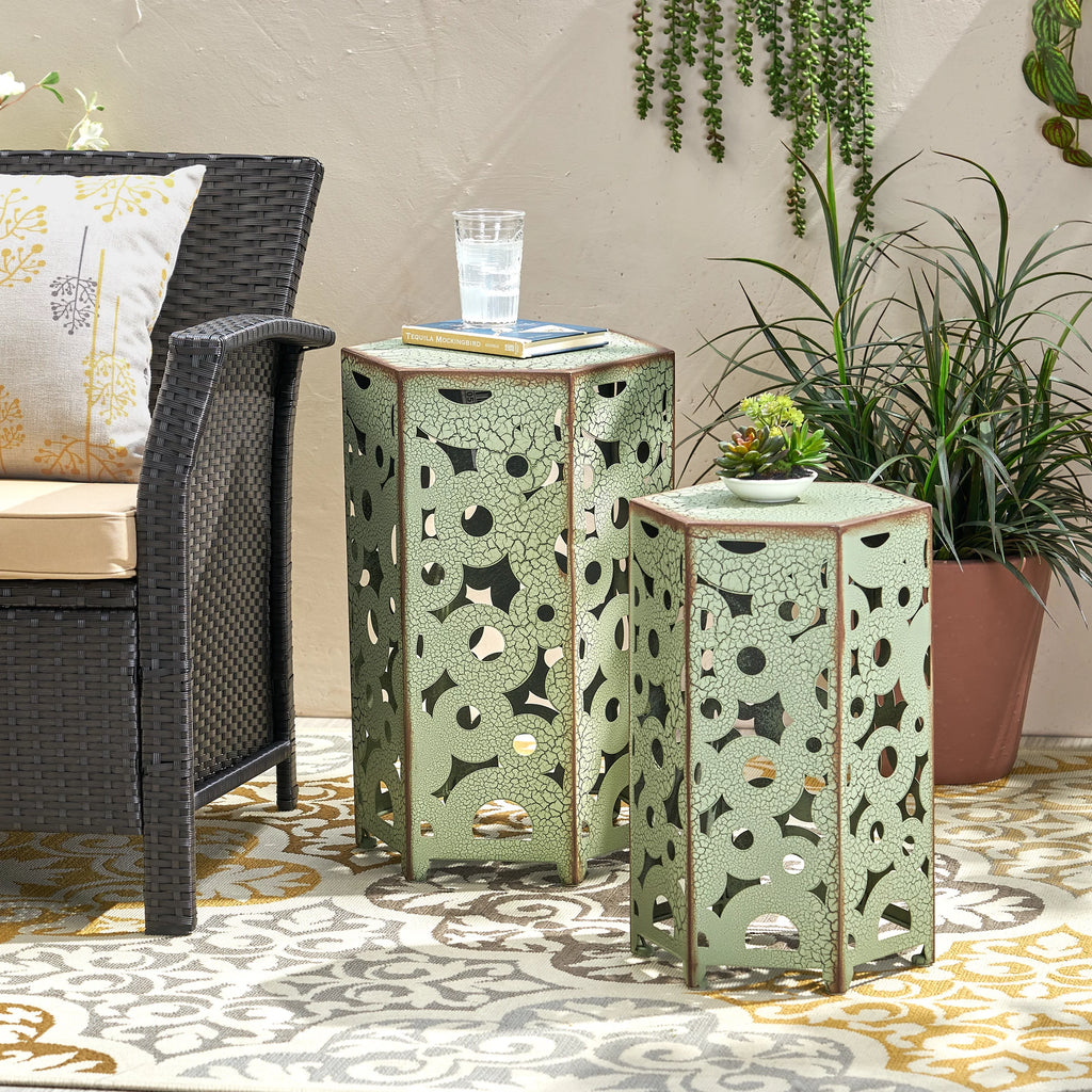 Set of 2 Antique Green Outdoor Accent Tables B7529