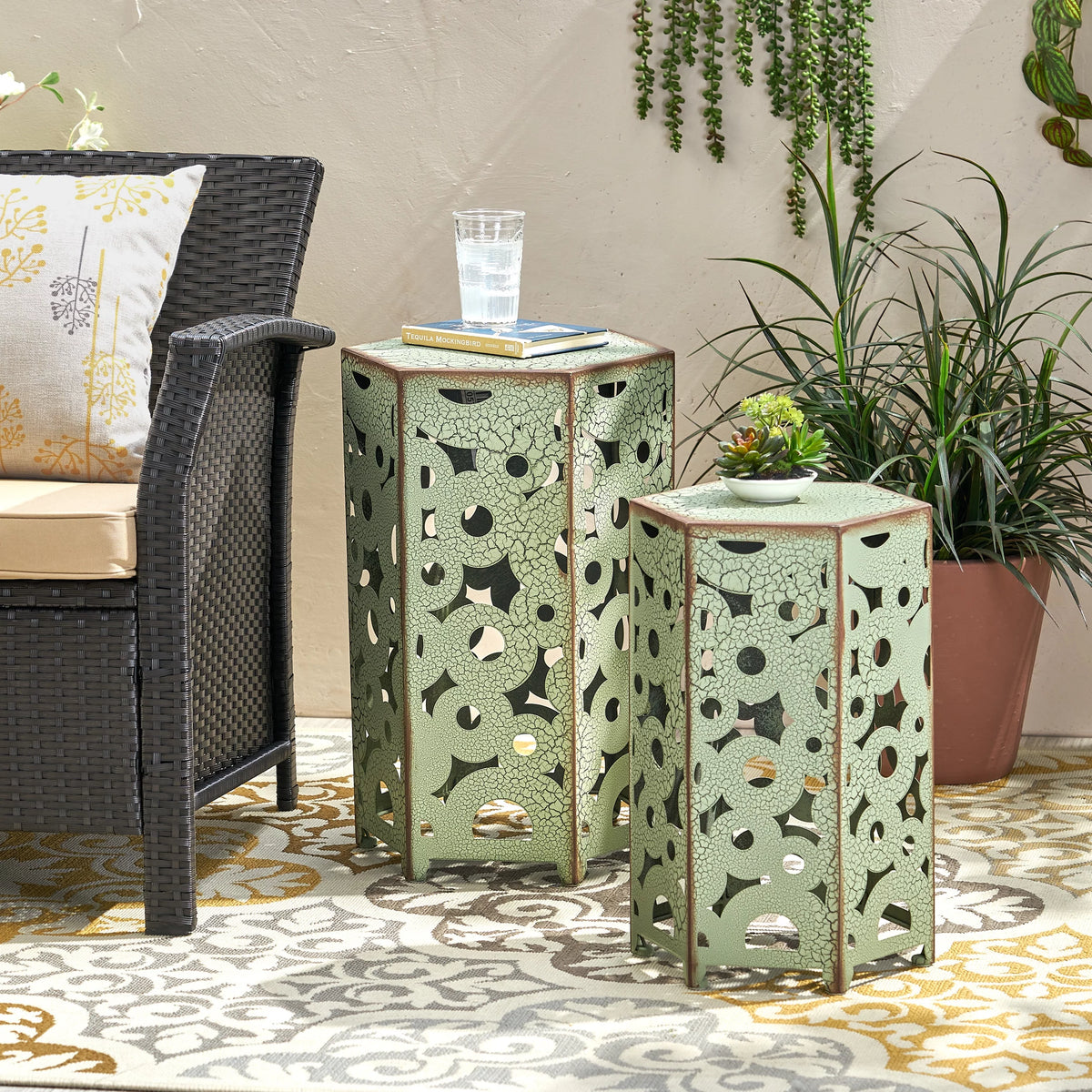 Set of 2 Antique Green Outdoor Accent Tables B7529