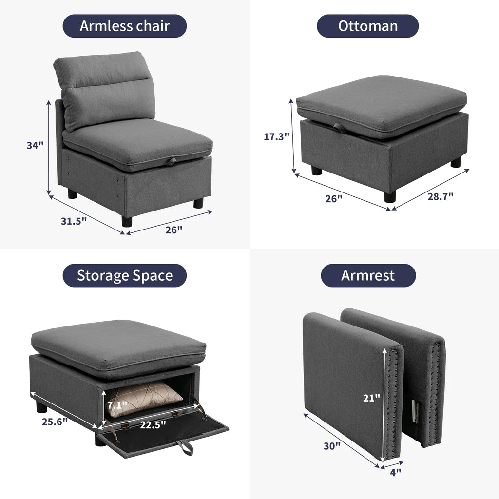 Dark Grey L-Shaped Sectional Sofa with Storage Seat T381
