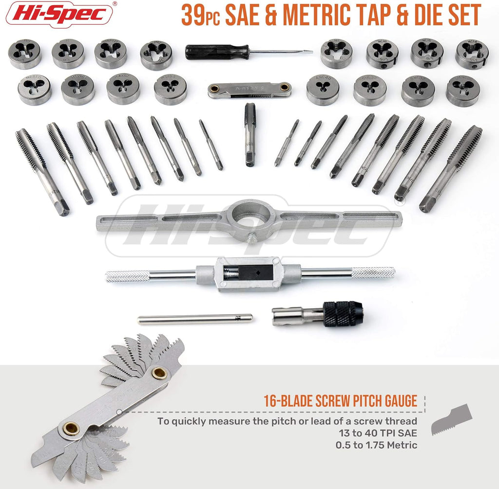 39 Piece SAE & Metric Tap & Die Set with Screw Pitch Gauge in Tray Case H4821