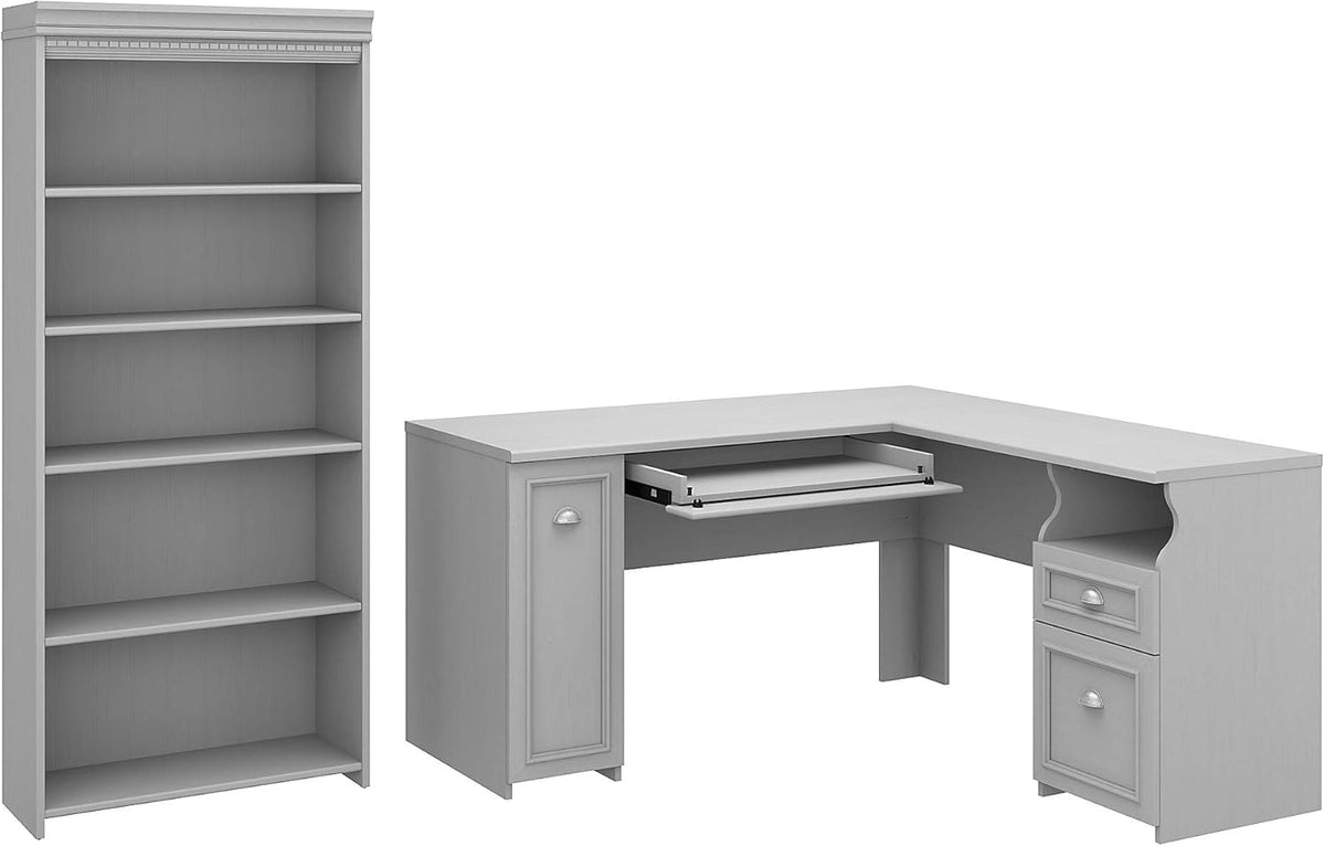 Antique White L Shaped Desk and 5 Shelf Bookcase V887569