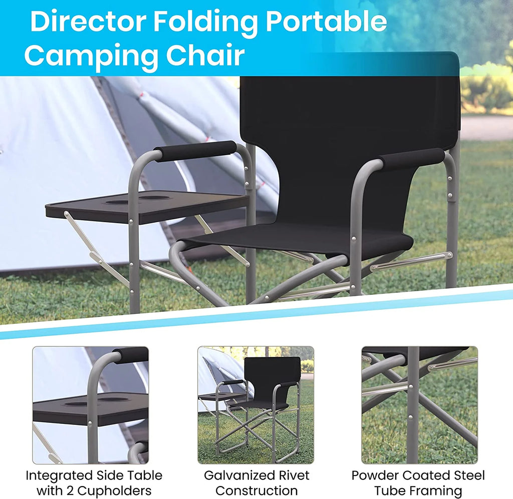 Black Folding Camping Chair with Side Table and Cup Holder X836826