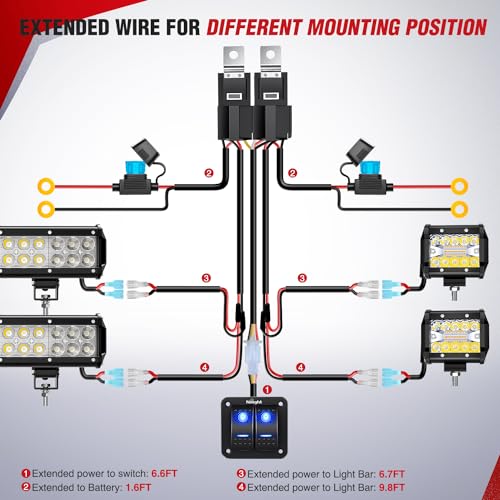 LED Light Bar Wiring Harness Kit 2 Leads 12V On Off Switch Power Relay Blade Fuse for Off Road Lights Work Light Black Z54209