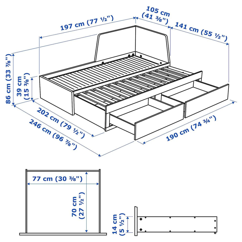Black Twin Daybed Frame with 2 Drawers Y251