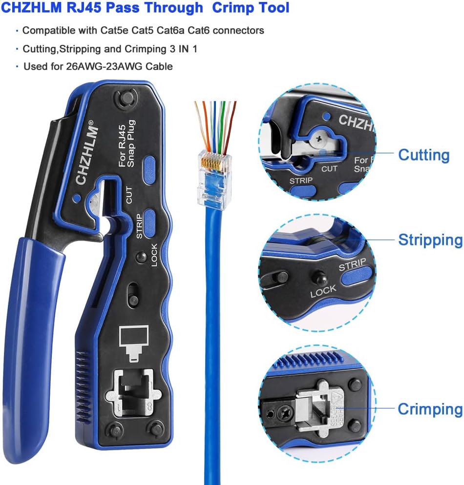 Rj45 Crimp Tool Kit Pass Through Crimping Tool Crimper Cutter for Cat6 Cat5 Cat5e O893039