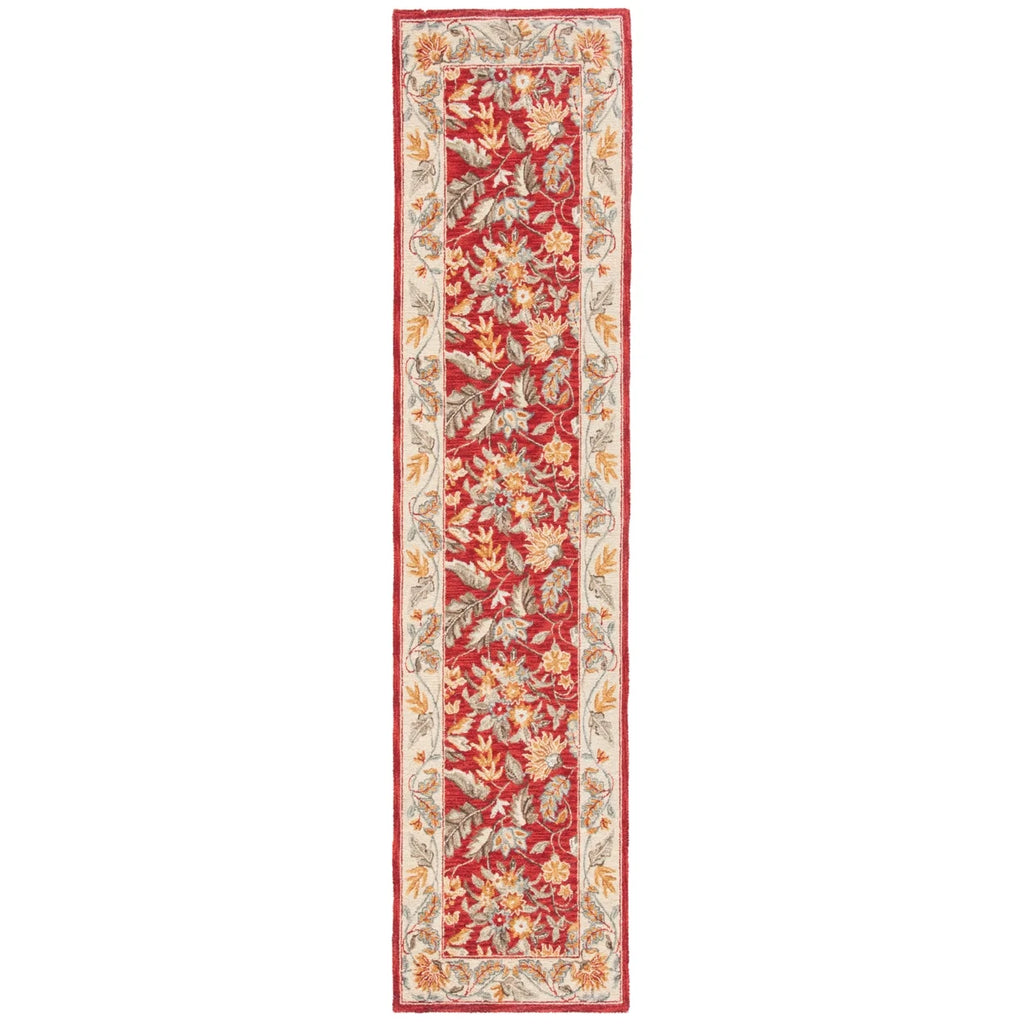 Red Floral Wool Runner Rug A718