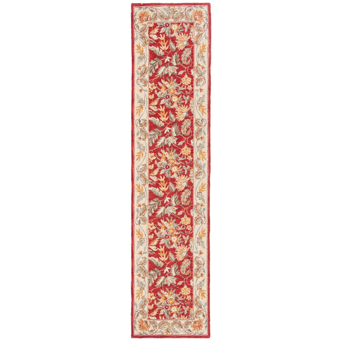 Red Floral Wool Runner Rug A718