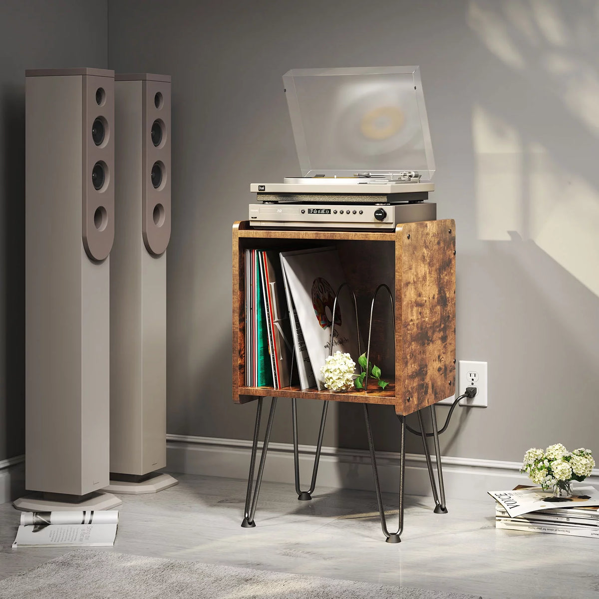 Record Player Stand with Metal Hairpin Legs and 4 Dividers H8728
