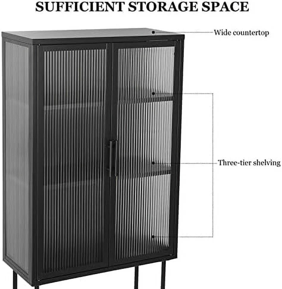 Tall Cabinet with 2 Fluted Glass Doors and 2-Tier Adjustable Shelves Black U143