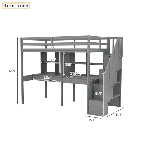 Gray Full Size Wood Loft Bed with Desk, Wardrobe and Three Storage Drawers W1922