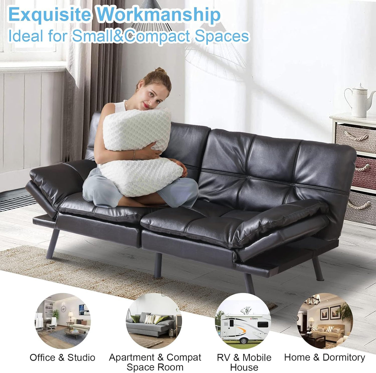 Black Faux Leather Memory Foam Convertible Futon Sofa Bed M819
