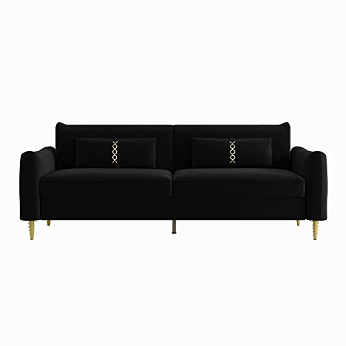 85 in 3-Seat Velvet Couch with Solid Wood Frame, 2 Pillows, Gold Legs F8456