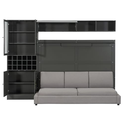 Queen Murphy Bed with Couch and Storage Shelves, Charging Station, LED Light, Wood Foldable Wall Bed Cabinet with Sofa and Storage Cabinet, Bookcase, Wine Rack (White) C139