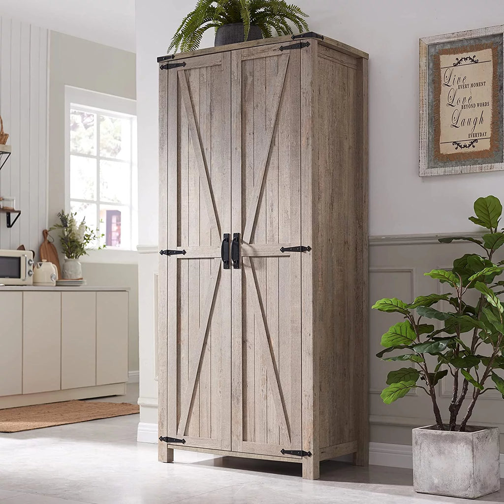 Light Rustic Oak Storage Pantry Cabinet with 2 Doors and Adjustable Shelves O2359