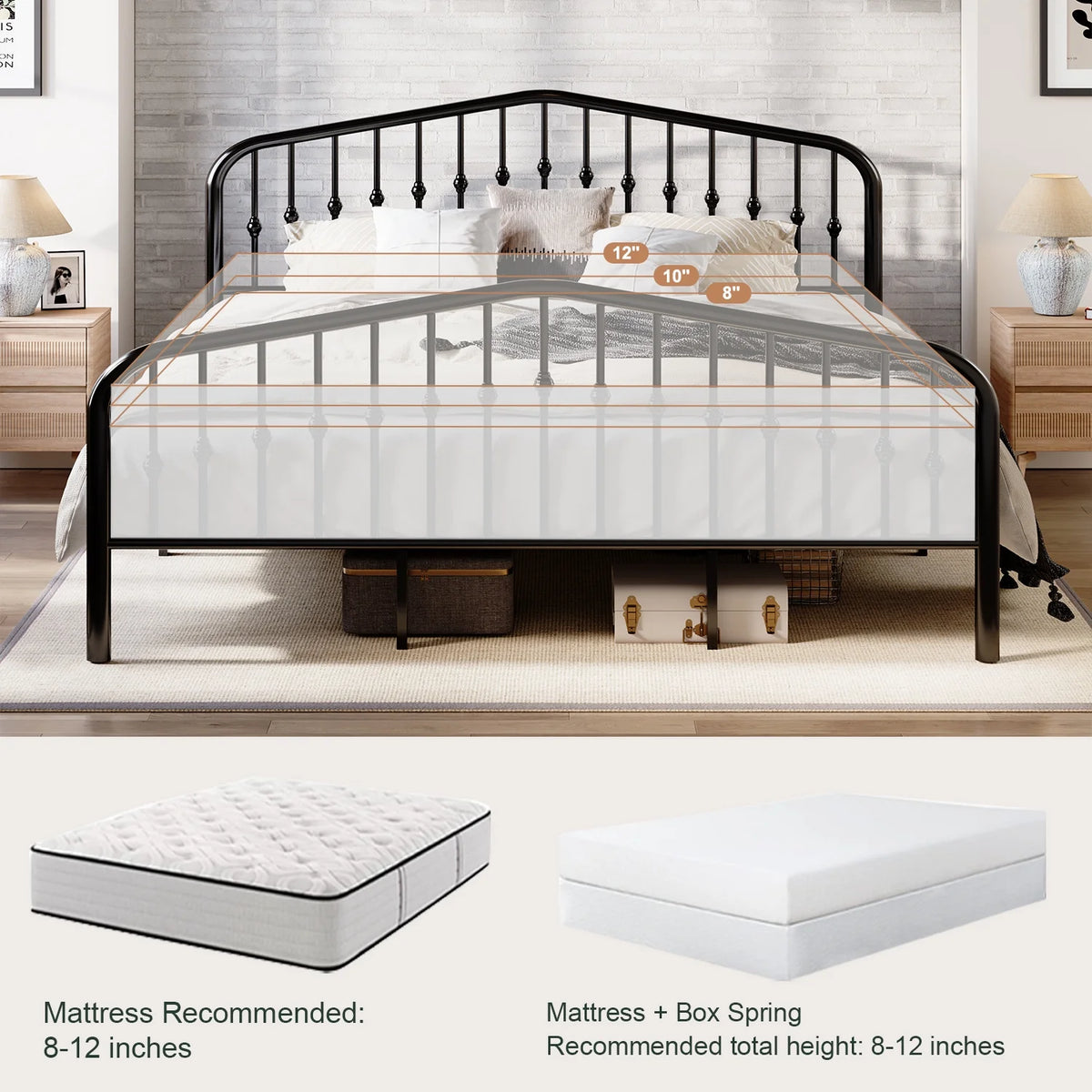 Queen Size Black Metal Platform Bed Frame with Headboard & Footboard K167