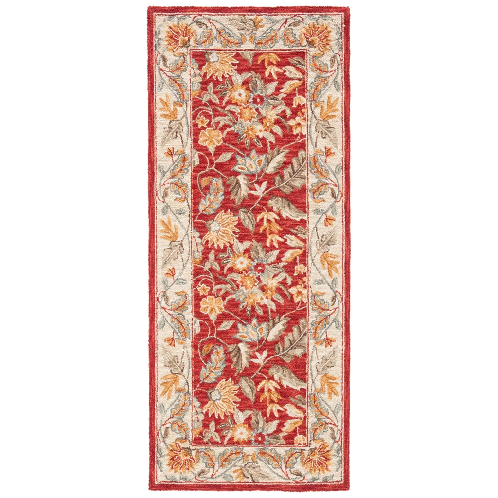 Red Floral Wool Runner Rug A718
