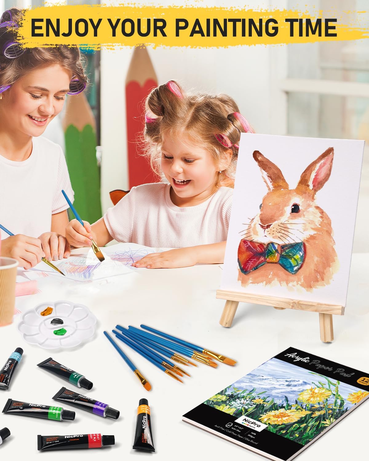 65PCS Acrylic Paint Canvas Set with 12 Colors, 30 Paint Brushes, 5 Canvas, Wood Easel, 3 Palette, A5 Paper Pad W11720