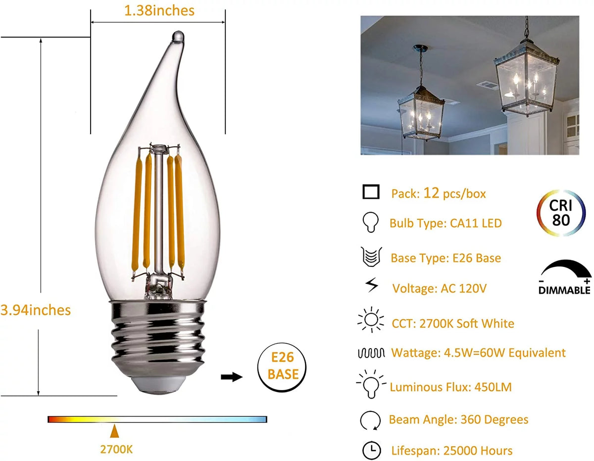 60W Equivalent Dimmable LED Chandelier Light Bulbs, 2700K Soft White, 12 Pack E40463
