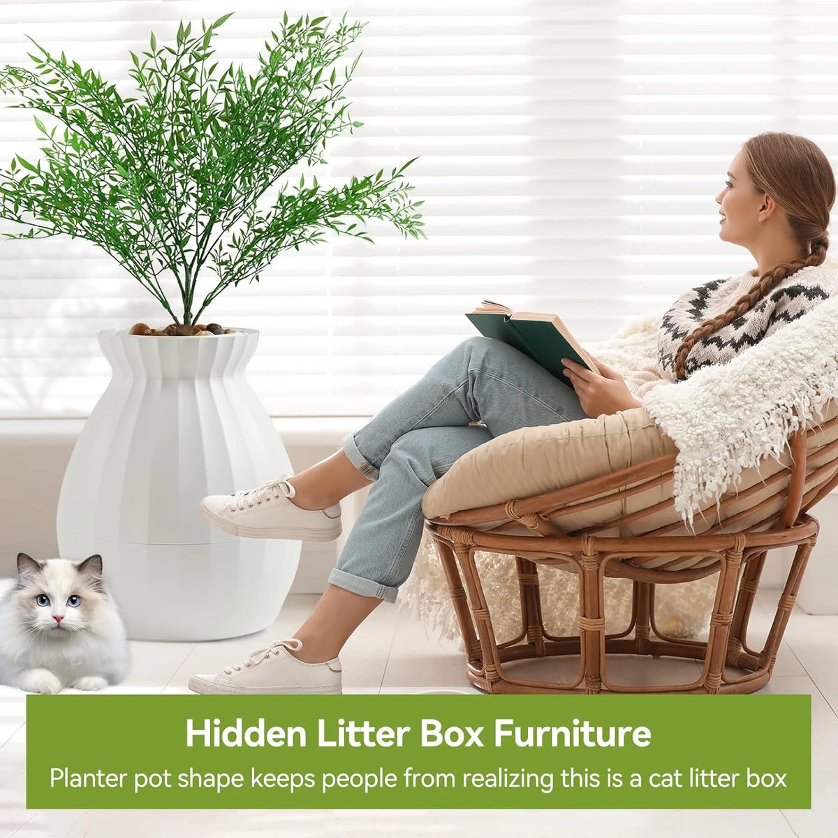White Enclosed Large Cat Litter Box with Leak Proof Liner E7217