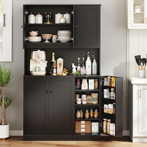 Black Kitchen Pantry Storage Cabinet with Microwave Stand T8955