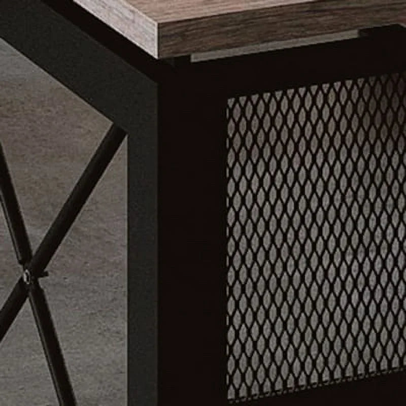 60"W x 32"D LShaped Desk with Pedestal Weathered Walnut Laminate Top/Black Accents Q59268