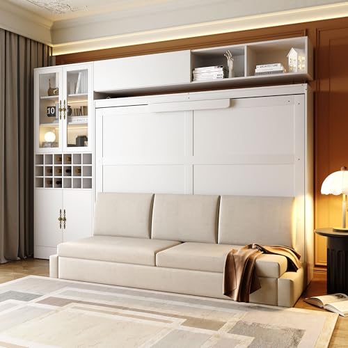 Queen Murphy Bed with Couch and Storage Shelves, Charging Station, LED Light, Wood Foldable Wall Bed Cabinet with Sofa and Storage Cabinet, Bookcase, Wine Rack (White) C139