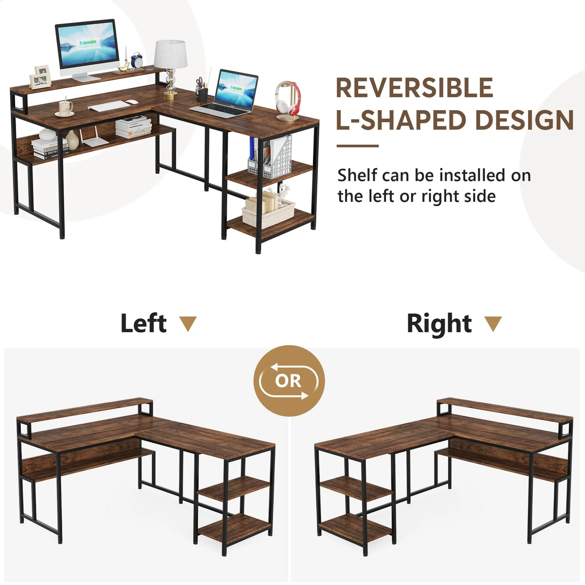 59" L Shaped Desk with Monitor Stand and Storage Shelf N6372