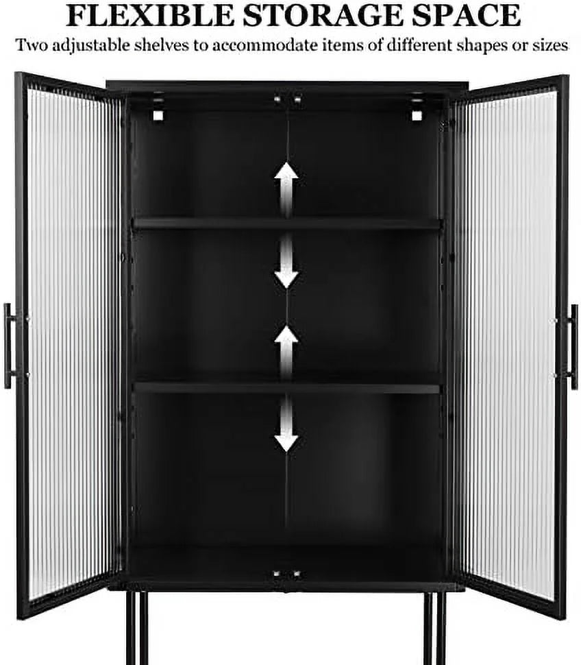 Tall Cabinet with 2 Fluted Glass Doors and 2-Tier Adjustable Shelves Black U143