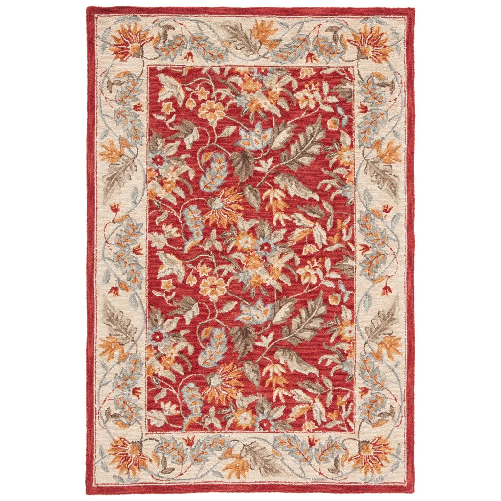Red Floral Wool Runner Rug A718