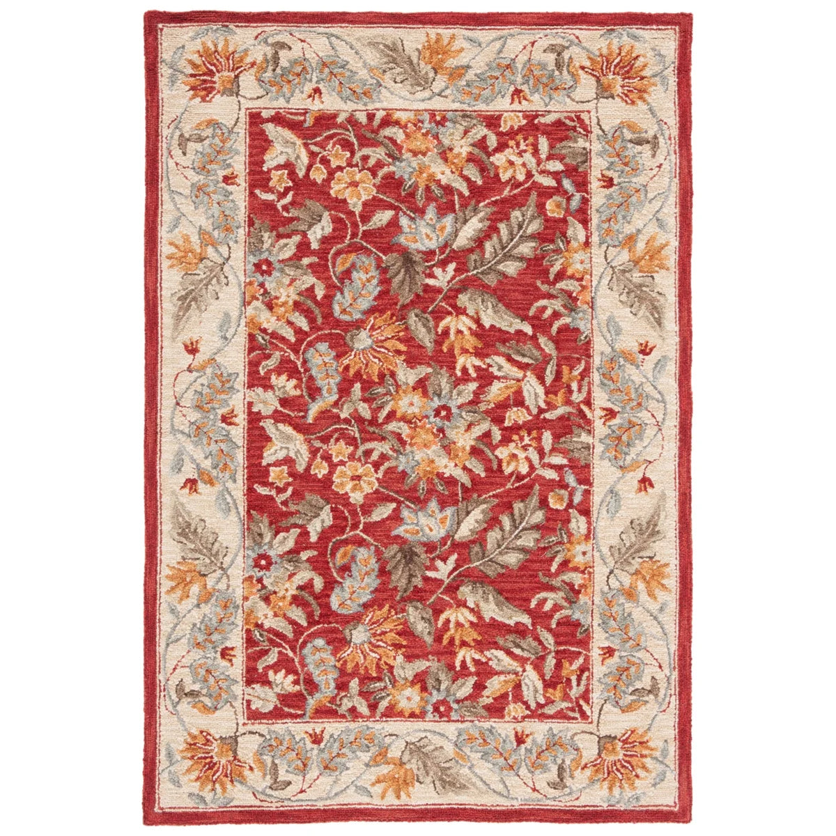 Red Floral Wool Runner Rug A718