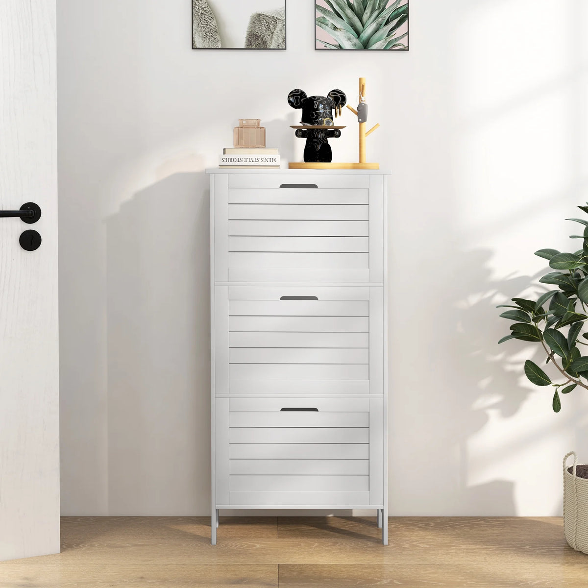Narrow White Shoe Storage Cabinet with 3 Flip Drawers Z856