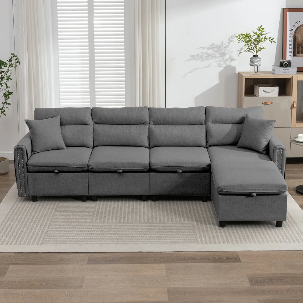 Dark Grey L-Shaped Sectional Sofa with Storage Seat T381