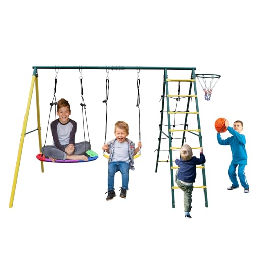 6 in 1 Heavy-Duty Swing Set with 2 Swings, Glider, Climbing Ladder and Rope Y597