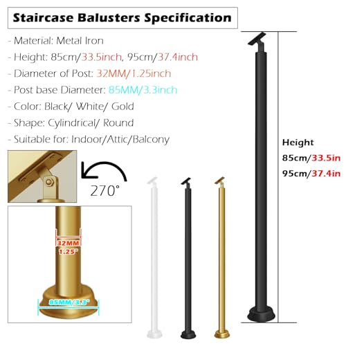 Round Spindles for Staircase, 2 4 6 Pieces Iron Stairs Balusters with Slant 270° Swivel Top Bracket & Screws L110743