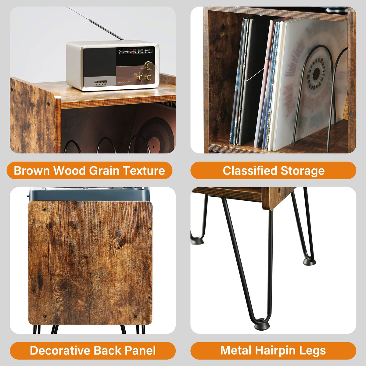 Record Player Stand with Metal Hairpin Legs and 4 Dividers H8728