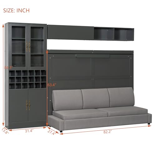 Queen Murphy Bed with Couch and Storage Shelves, Charging Station, LED Light, Wood Foldable Wall Bed Cabinet with Sofa and Storage Cabinet, Bookcase, Wine Rack (White) C139