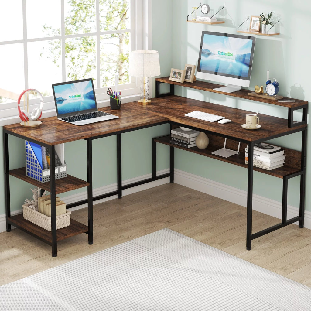 59" L Shaped Desk with Monitor Stand and Storage Shelf N6372