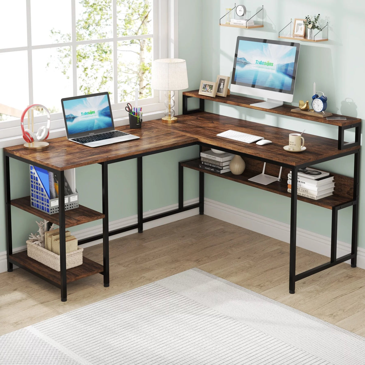 59" L Shaped Desk with Monitor Stand and Storage Shelf N6372