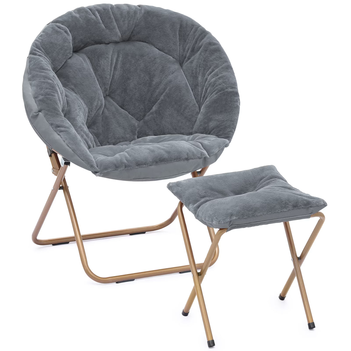 Gray Faux Fur Folding Saucer Chair and Footrest Stool Set U84126
