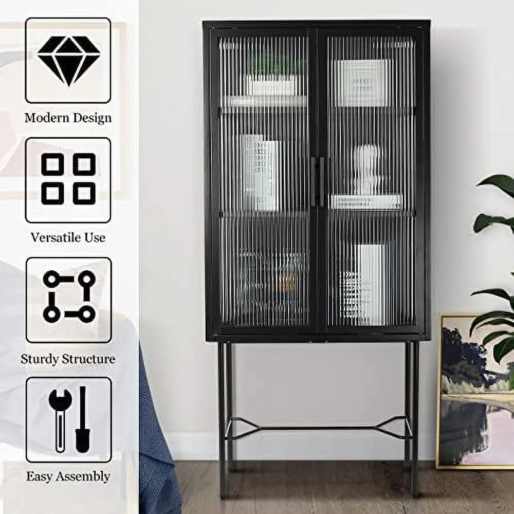Tall Cabinet with 2 Fluted Glass Doors and 2-Tier Adjustable Shelves Black U143