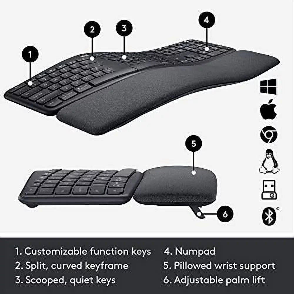 Wireless Ergonomic Keyboard with Wrist Rest R7662
