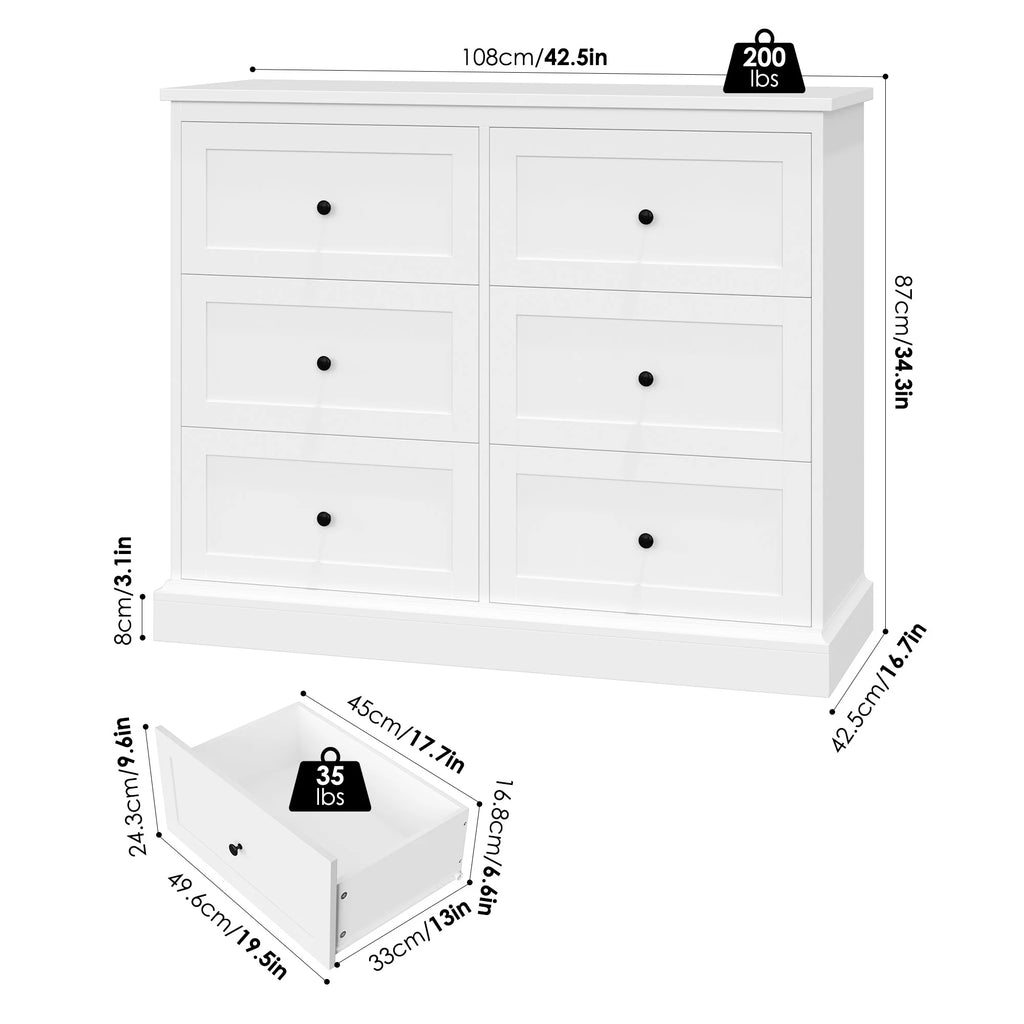 White 6 Drawer Wood Dresser V1772