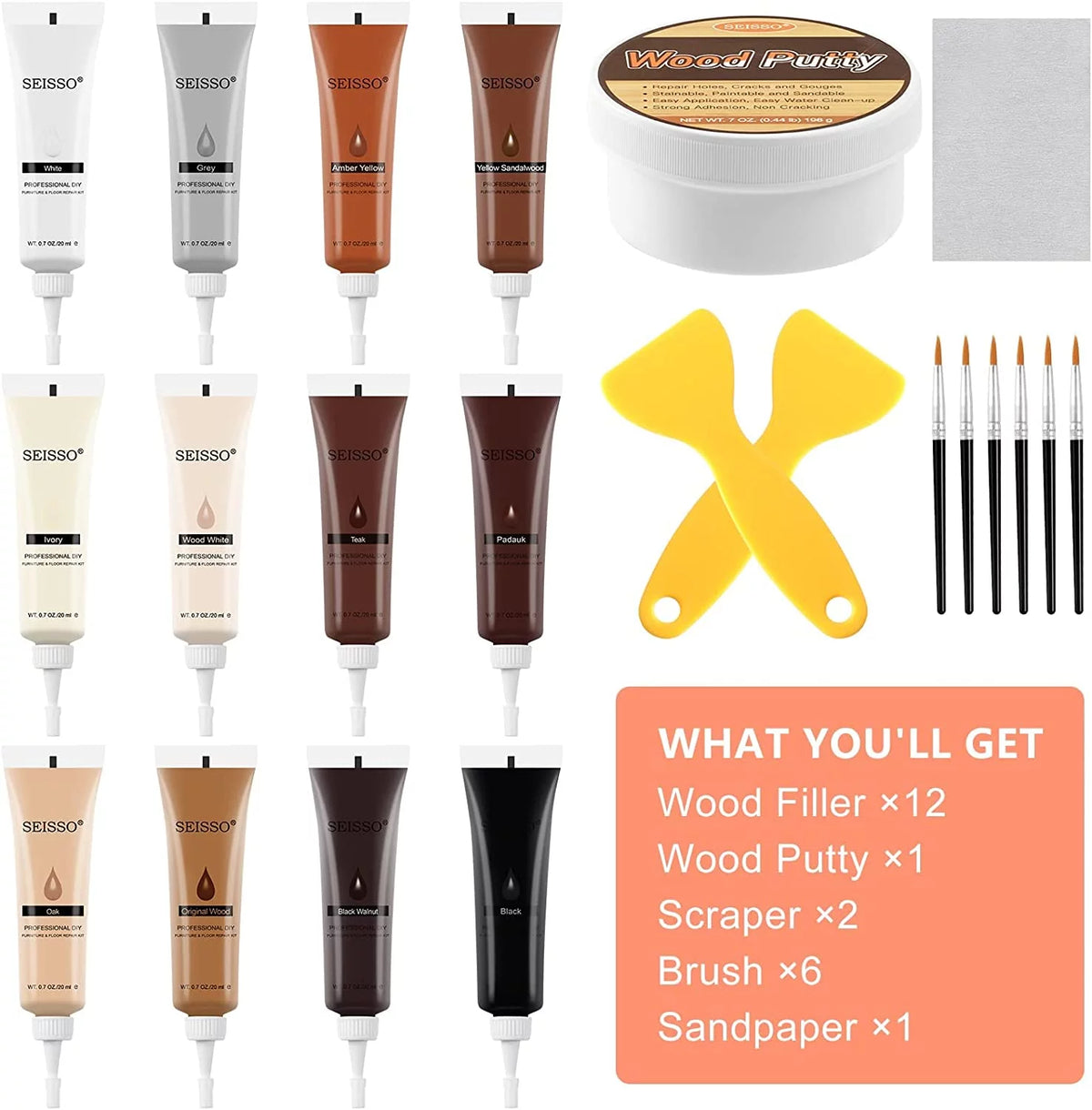 Wood Furniture Repair Kit with 12 Colors Wood Filler N9353