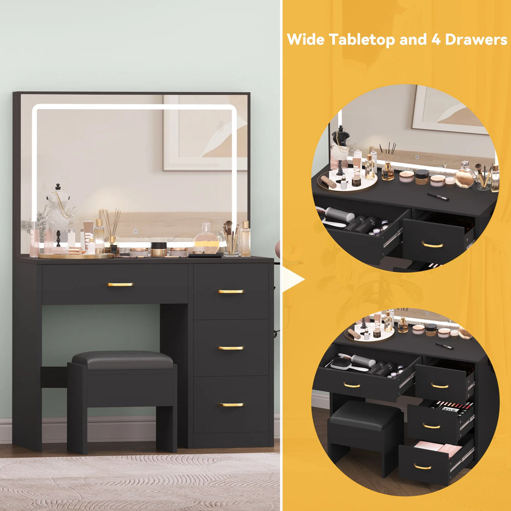 Charcoal Black Makeup Vanity Table with Mirror and LED Lights N536994
